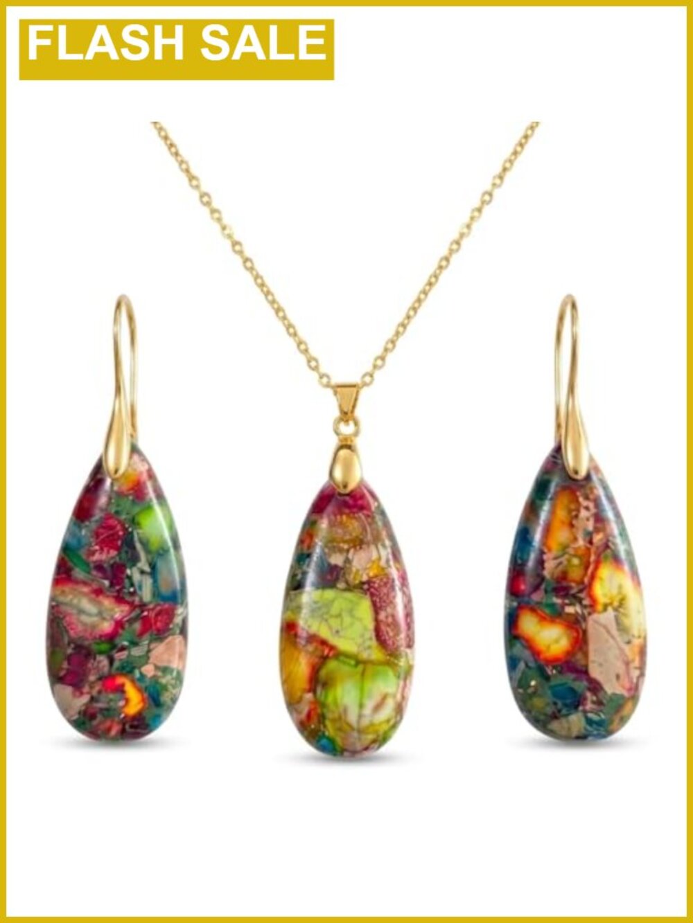 Imperial Jasper Jewelry Set Gold Tone Teardrop Necklace Earrings